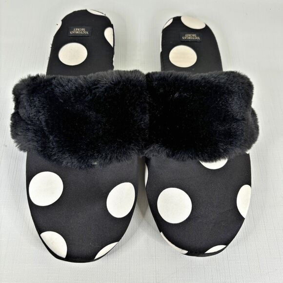 Victorias Secret Womens Slippers Size Medium Black Polka Dot Memory Foam Fuzzy - Picture 1 of 4